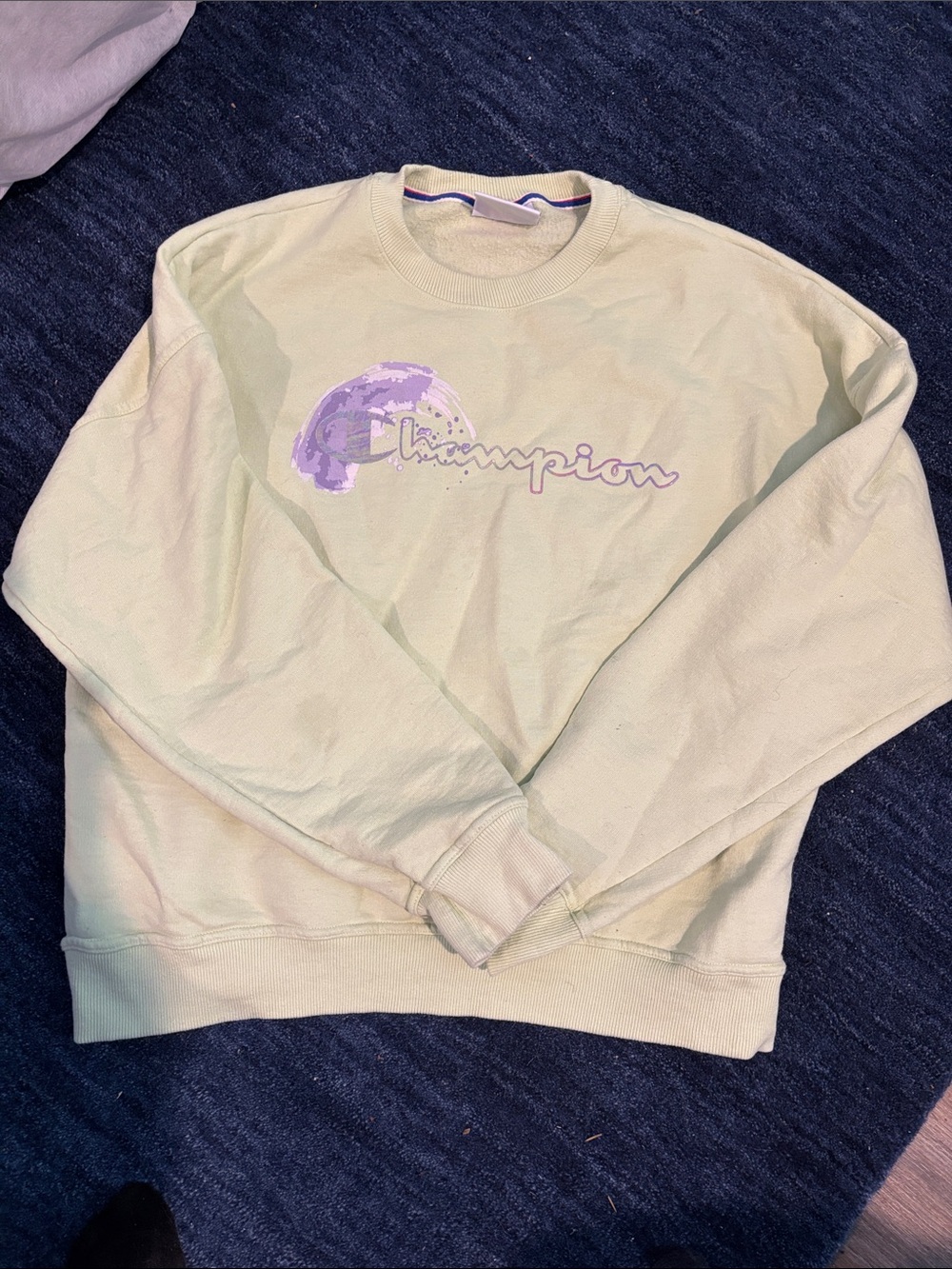 Large - Gently Used - Champion Pale Lime Crewneck with Lavender Script Logo